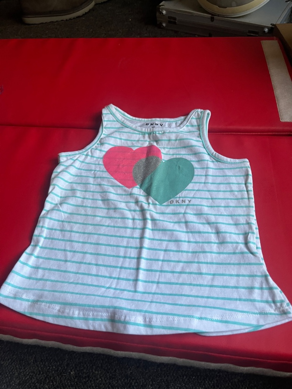DKNY White Tank with Mint Stripes and Pink, Mint, Silver Hearts